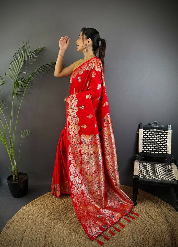 Joban Fashion Meenakari Red Woven Soft Silk Saree