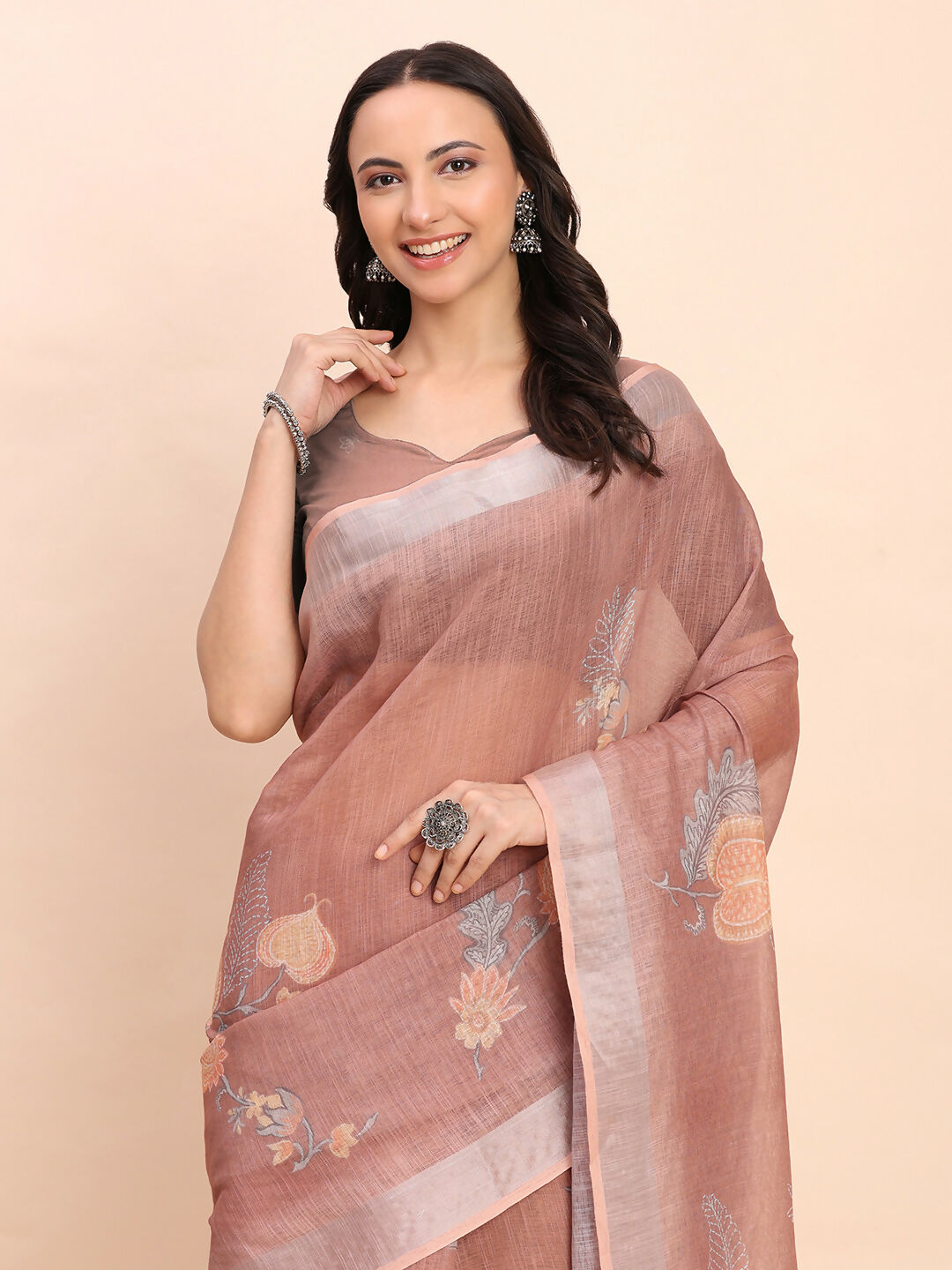 Astita Linen Cotton Brown Saree