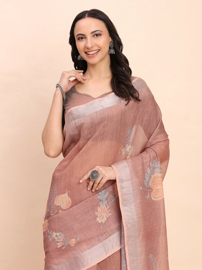 Shree Shyam Fashion Linen Cotton Brown Saree - Distacart