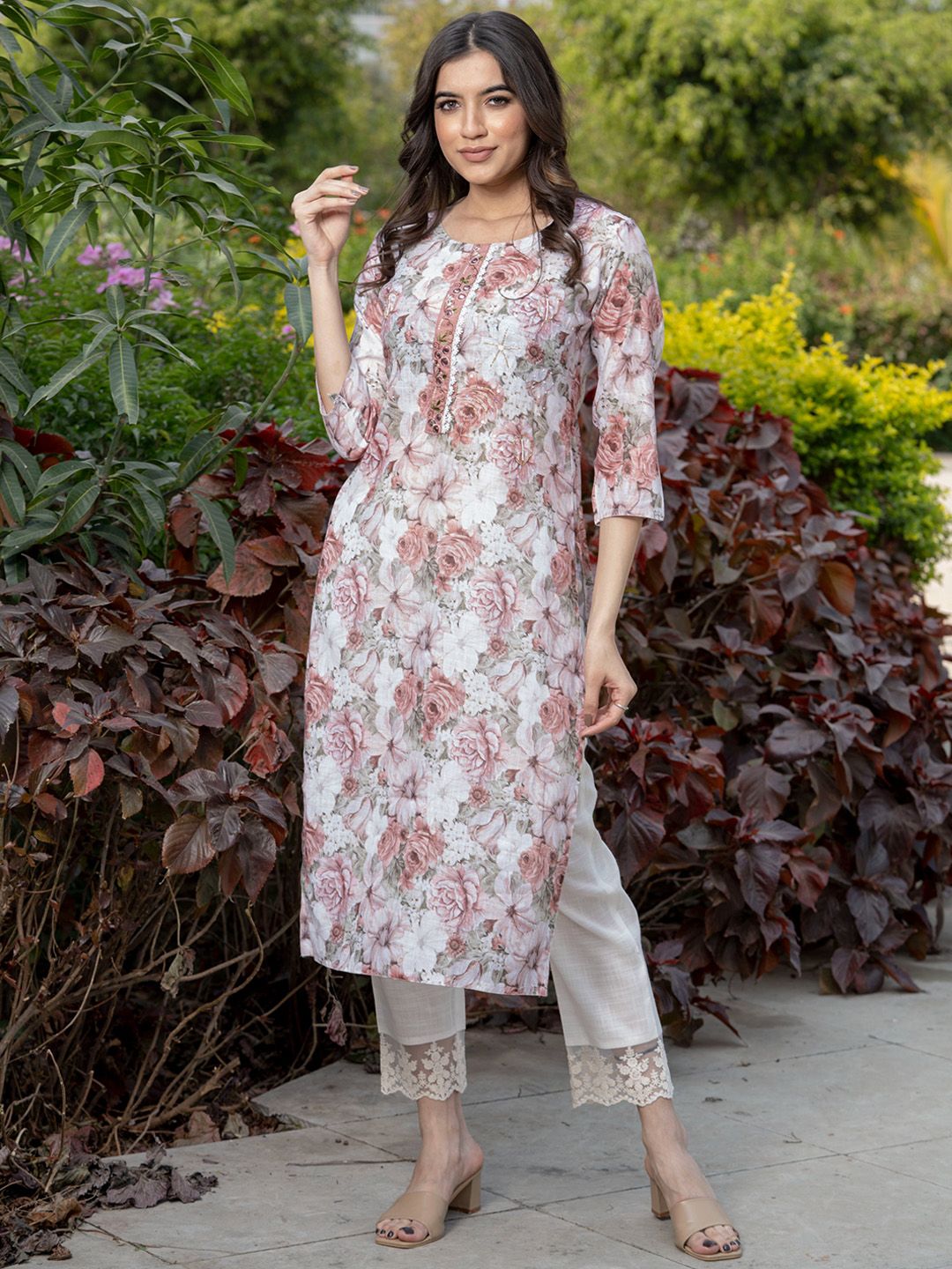 Sangria Floral-Printed Straight Kurtas - Distacart