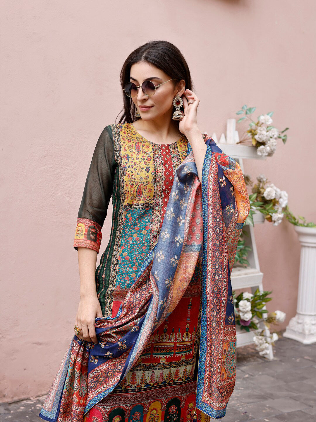 Kalini Round Neck Ethnic Motifs Printed Regular Thread Work Chanderi Silk Kurta Set - Distacart