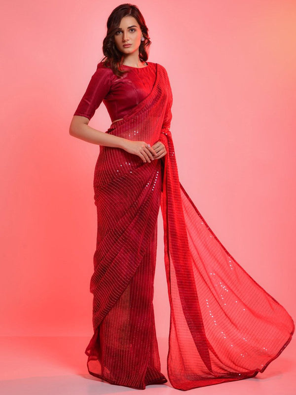Anouk Red & Gold-Toned Embellished Sequinned Pure Georgette Saree - Distacart