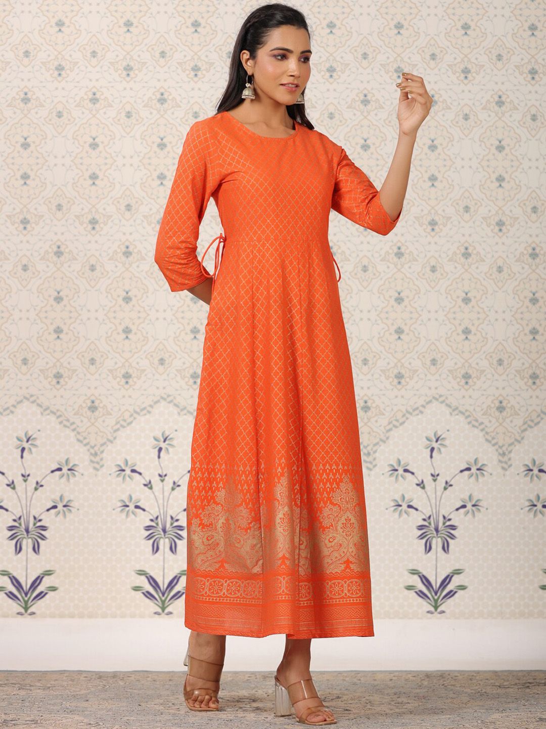 Ode by House of Pataudi Orange Coloured Ethnic Motifs Woven Design Anarkali Kurta - Distacart