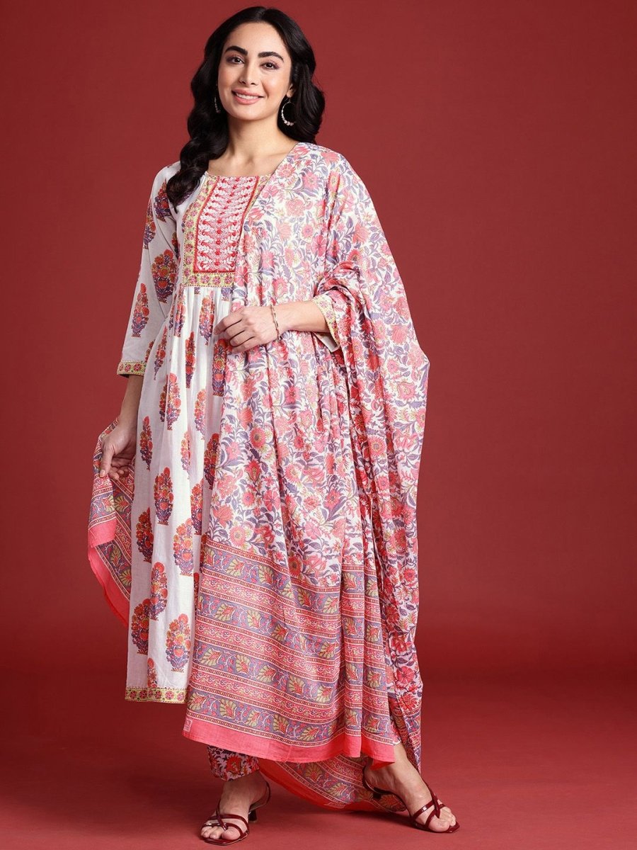 Anouk Floral Printed Pleated Sequinned Pure Cotton Kurta with Trousers & Dupatta - Distacart