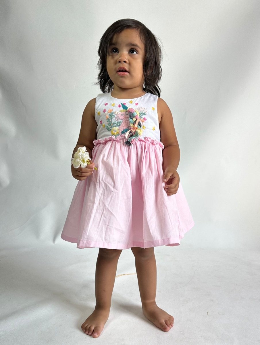 ArthLife White And Pink Unicorn Embroidered Dress - Distacart
