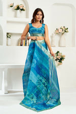 Thumbnail for Vastranavya Aqua Blue Digital Printed Linen Ready To Wear Designer Saree with Unstitched Blouse - Distacart