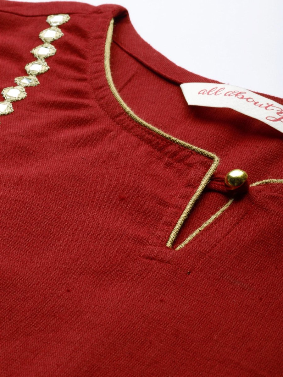 All About You Women Red & Gold-Toned Keyhole Neck Gotta Patti Kurta - Distacart