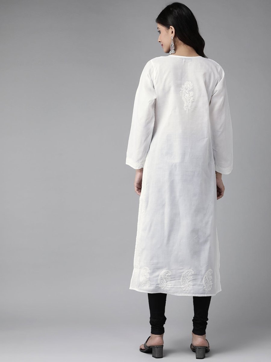 ADA Women White & Black Chikankari Embroidered Handloom Kurta with Cotton Churidar - Distacart