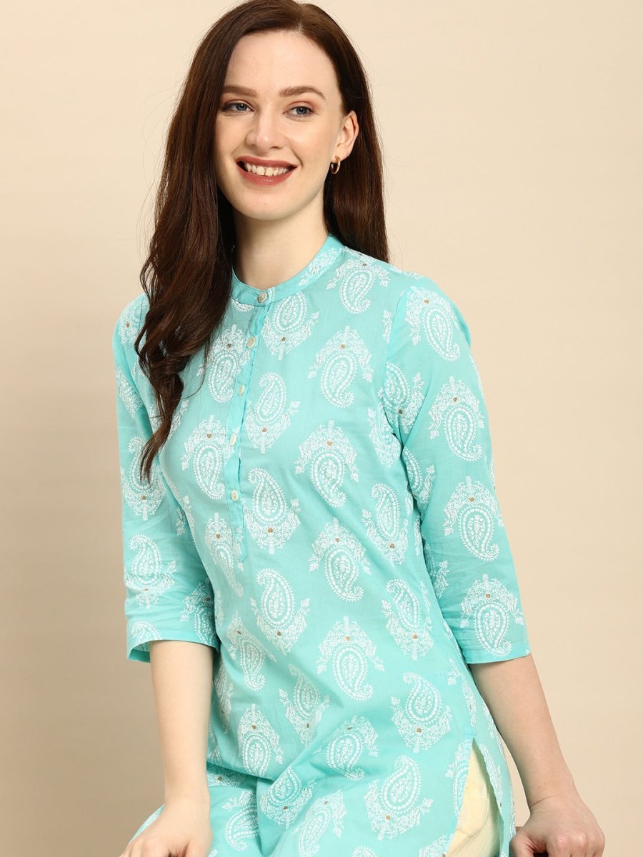 All About You Women Turquoise Blue & White Printed Pure Cotton Straight Kurta - Distacart