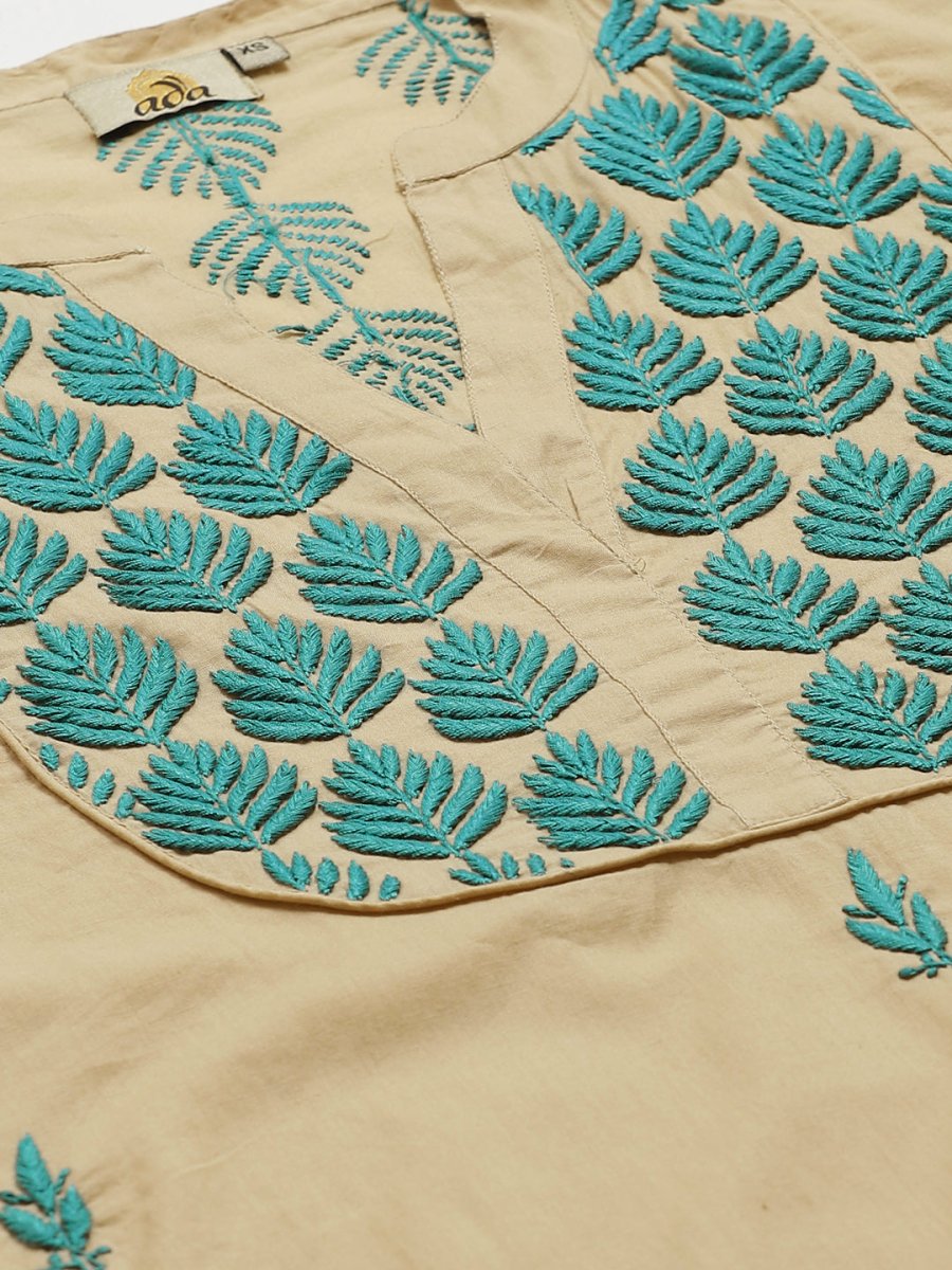 ADA Women Beige & Teal Green Chikankari Embroidered Sustainable Handloom Kurta with Trousers - Distacart