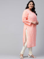 Thumbnail for ADA Ada Women Plus Size Peach-Coloured & White Ethnic Motifs Chikankari Georgette Handloom Kurta - Distacart