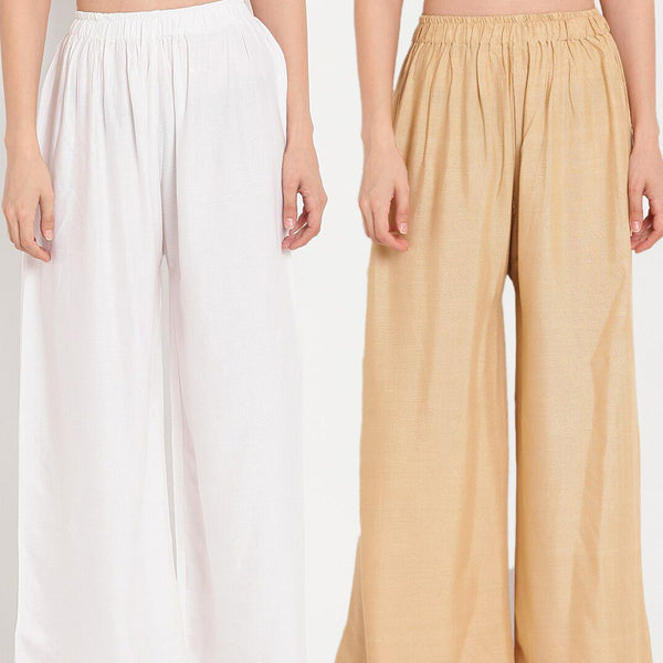 TAG 7 Women White & Beige Set of 2 Flared Ethnic Palazzos - Distacart