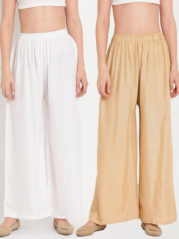 TAG 7 Women White & Beige Set of 2 Flared Ethnic Palazzos