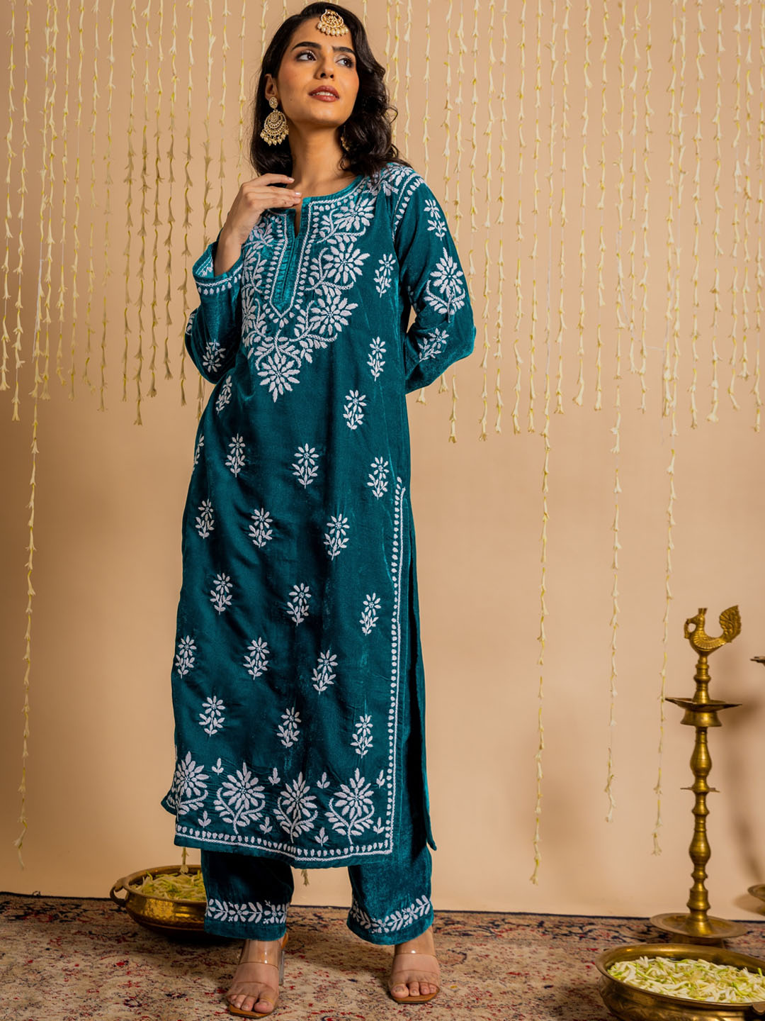 HOUSE OF KARI Ethnic Motifs Embroidered Chikankari Velvet Kurta With Trousers - Distacart