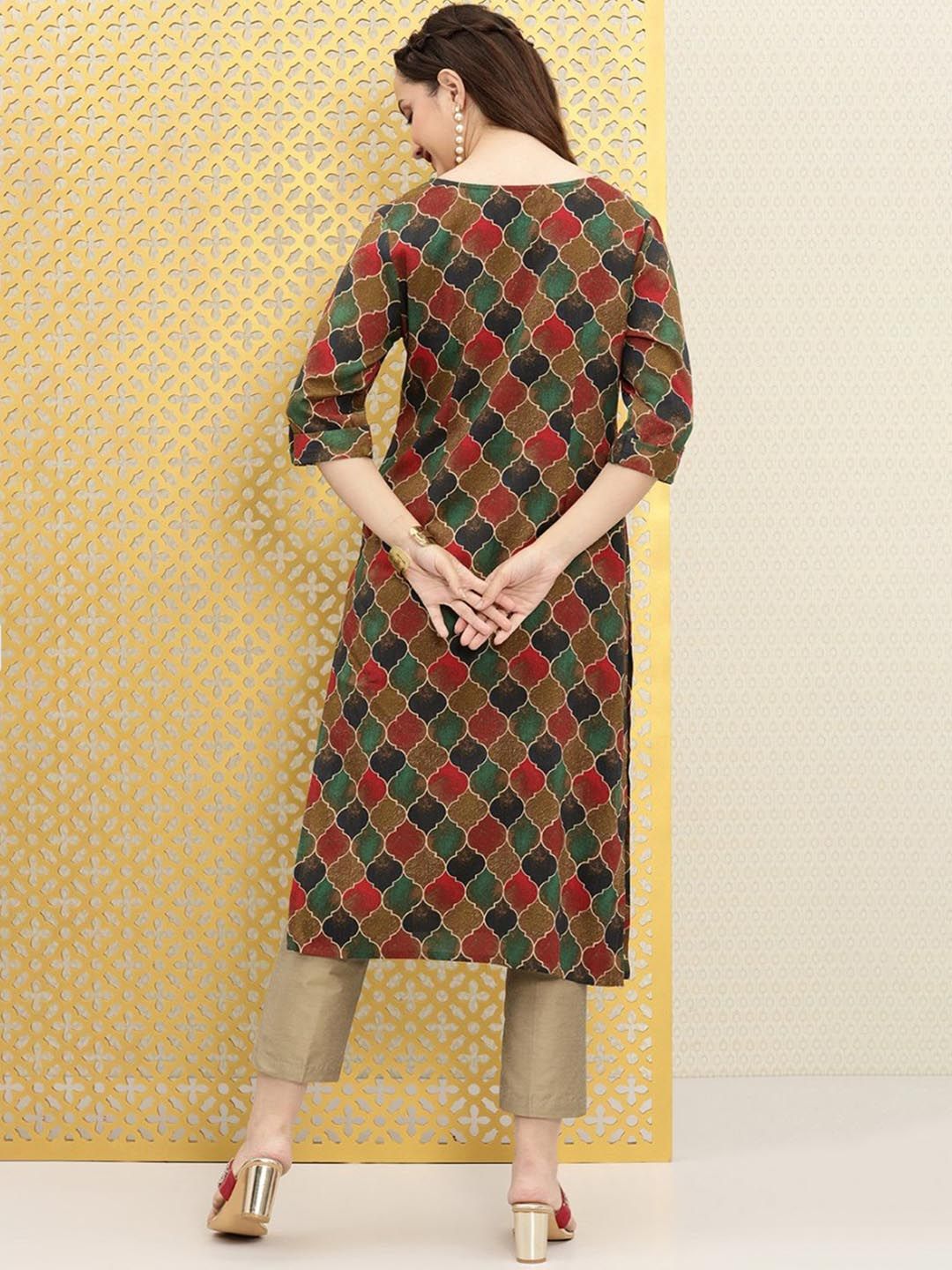 Ode by House of Pataudi Ethnic Motifs Printed Boat Neck Mirror Work Detailed Kurta - Distacart