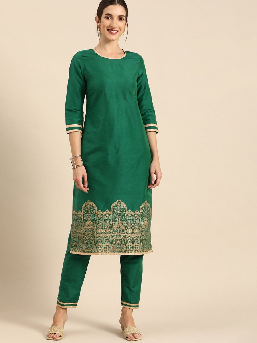 All About You Women Green & Gold Printed Regular Kurta with Trousers - Distacart