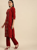 Thumbnail for All About You Women Red & Golden Ethnic Motifs Embroidered Kurta Set - Distacart