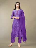 Thumbnail for Jyoti Fashion Women's Purple Rayon Embroidery & Sequence work Kurta with Trouser & Dupatta - Distacart