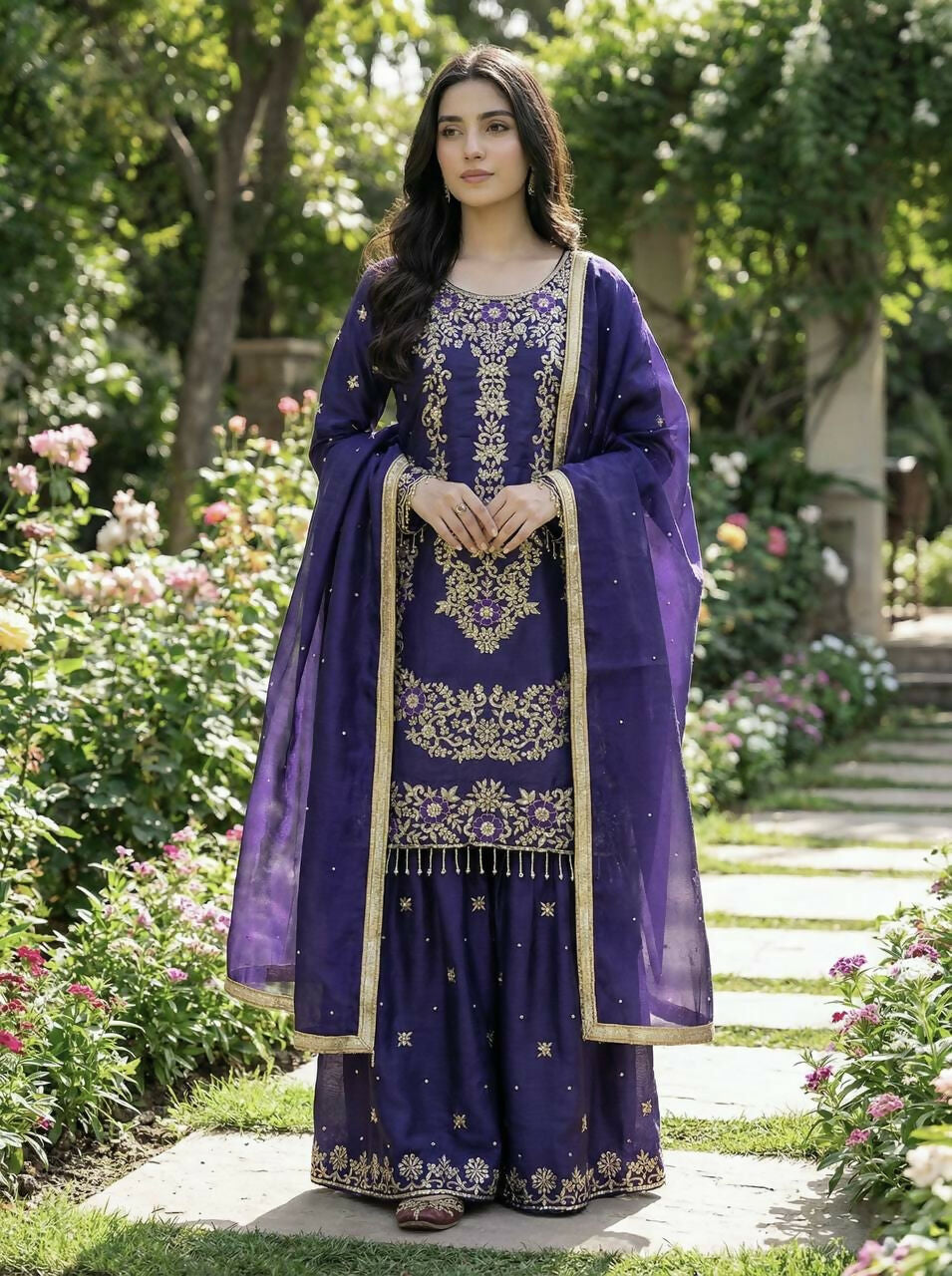 Teeya Creation Purple Gimmy Silk Designer Embroidery Work Wedding Wear Palazzo Pair - Distacart
