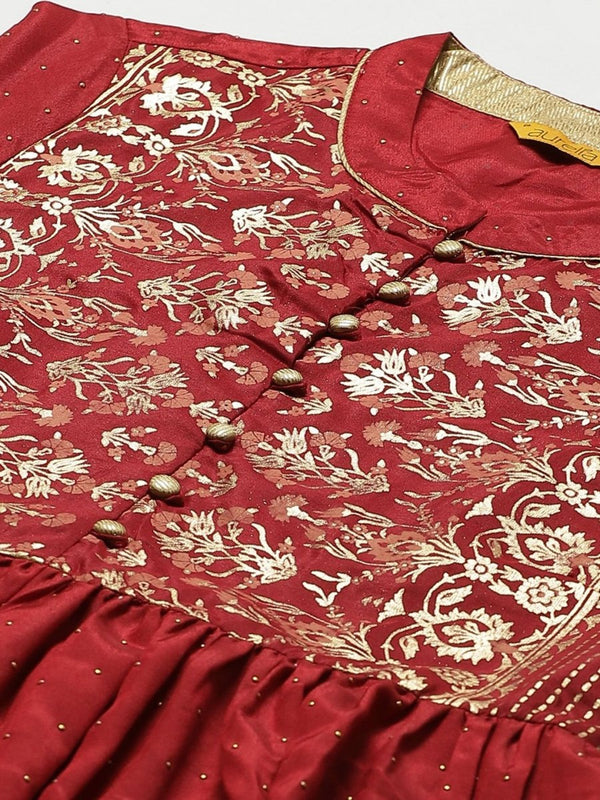 AURELIA Women Maroon & Golden Embellished A-Line Dress - Distacart