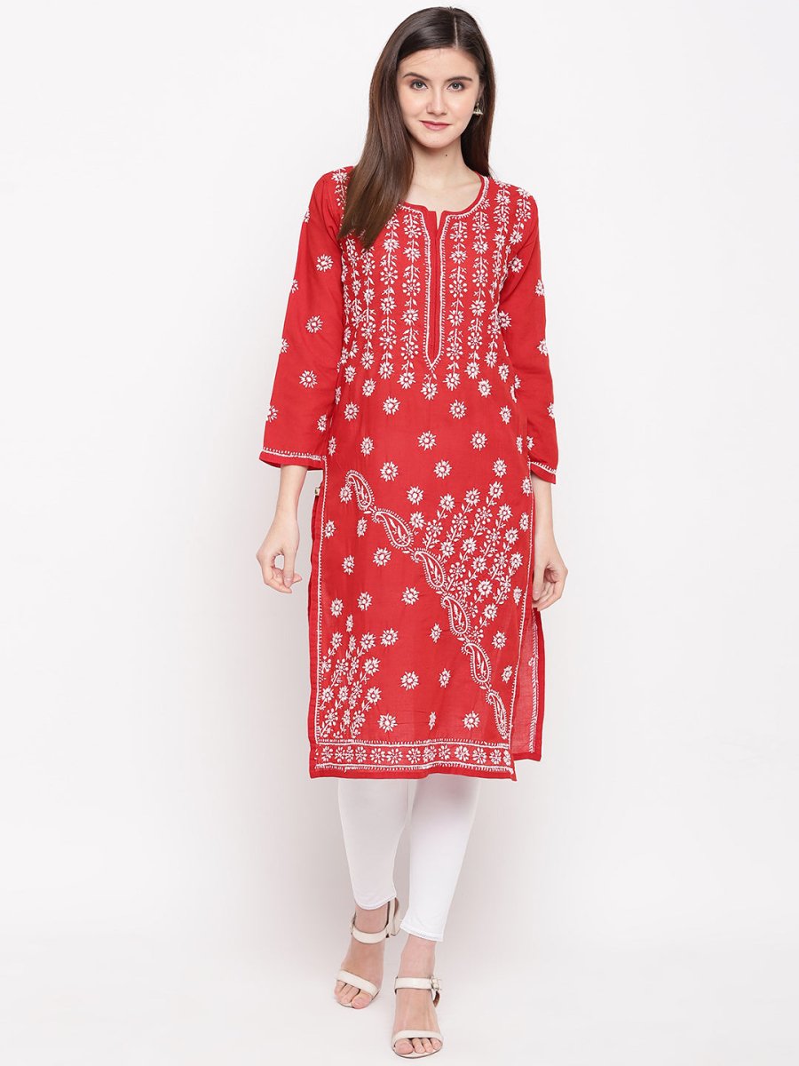 ADA Women Red & White Chikankari Hand Embroidered Straight Sustainable Kurta - Distacart