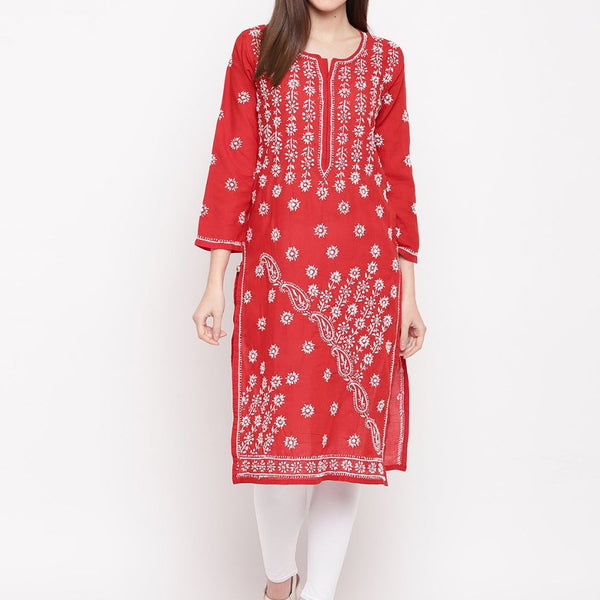 ADA Women Red & White Chikankari Hand Embroidered Straight Sustainable Kurta - Distacart