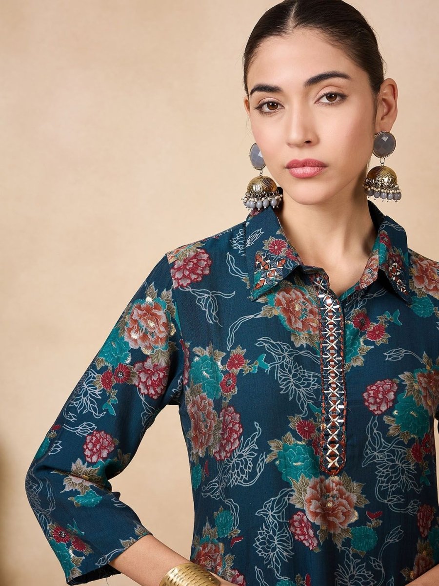 Anouk Floral Printed Mirror Work Straight Kurta - Distacart