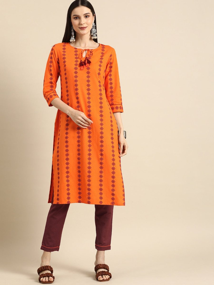 All About You Women Orange Printed Kurta with Maroon Solid Trousers - Distacart