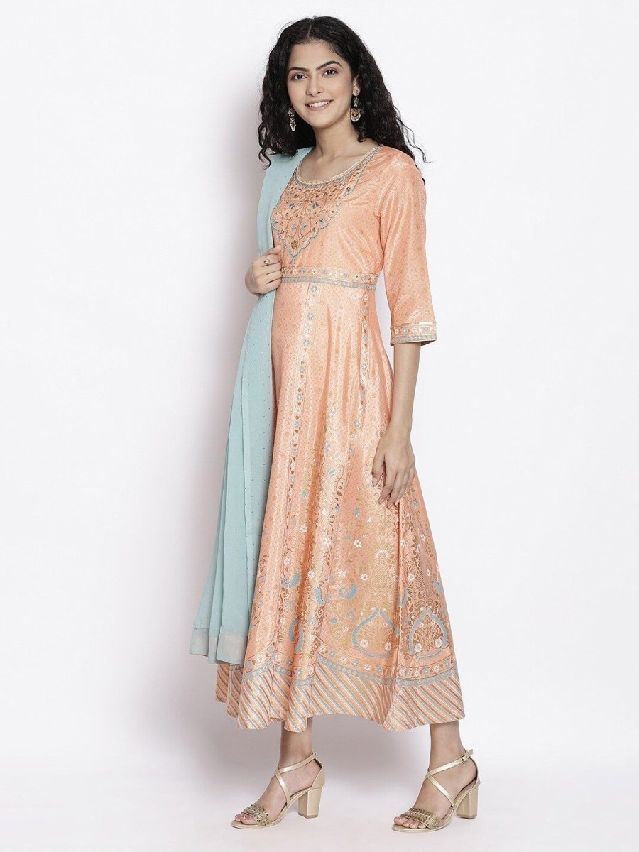 AURELIA Ethnic Motifs Print Round Neck A-Line Maxi Dress With Dupatta