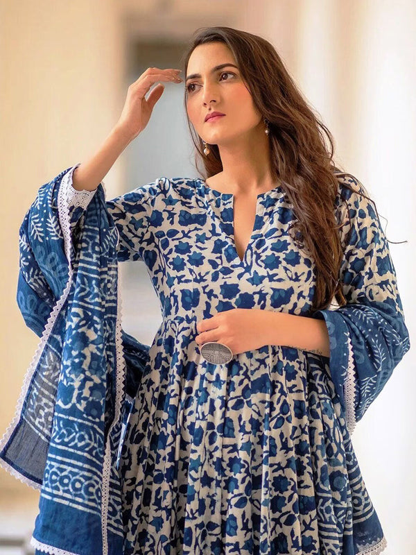 Kalini Floral Printed Regular Anarkali Kurta with Trousers & With Dupatta - Distacart