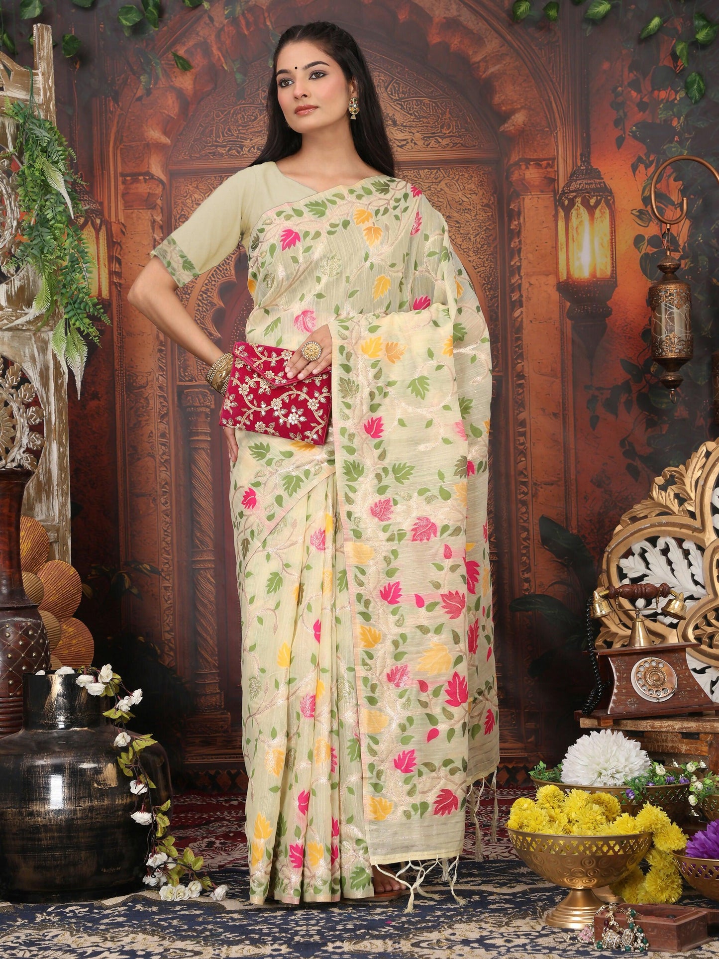Shree Shyam Fashion Linen Cotton Cream Saree - Distacart