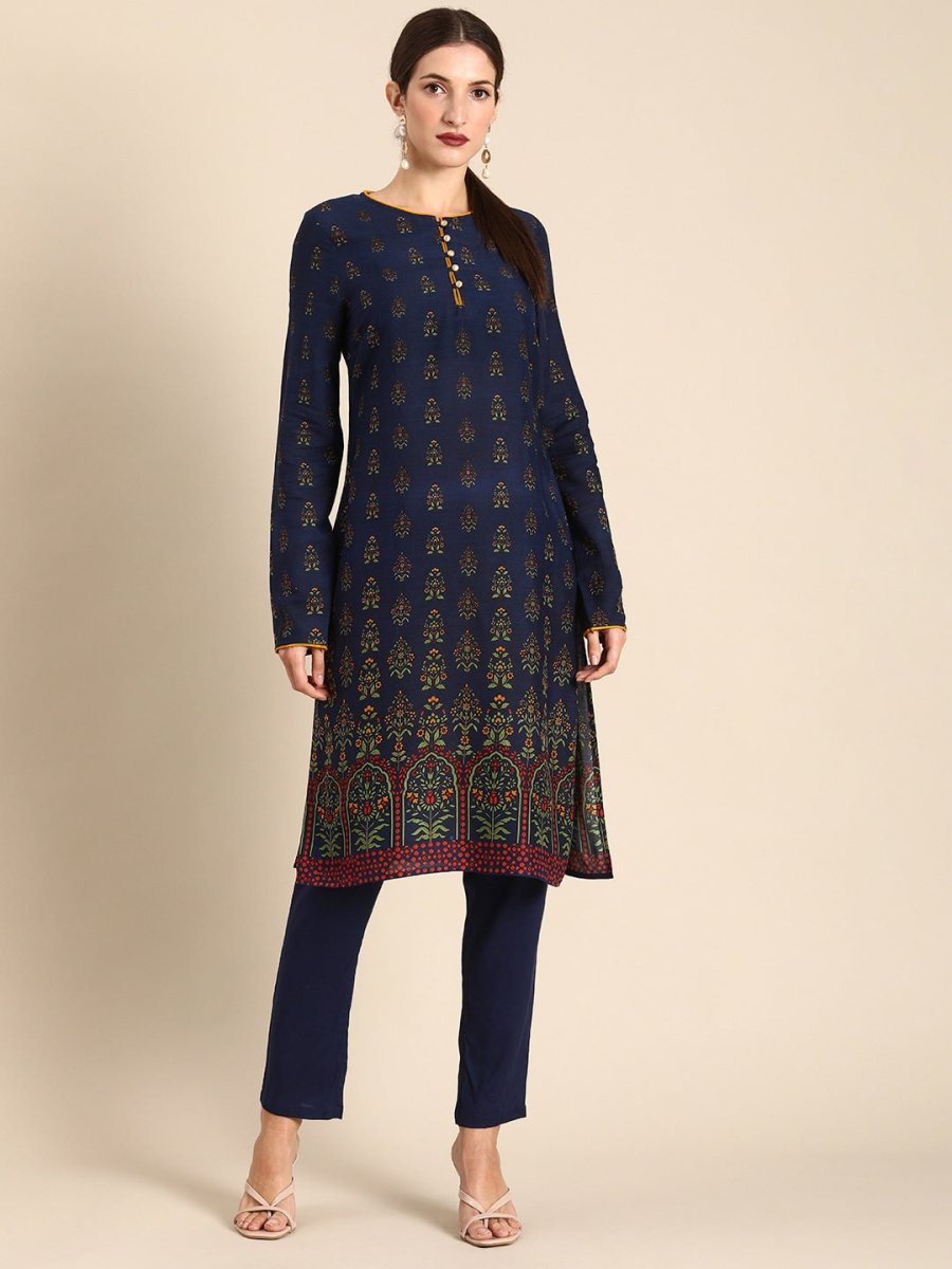 All About You Women Navy Blue Floral Printed Regular Long Sleeves Kurta with Trousers - Distacart
