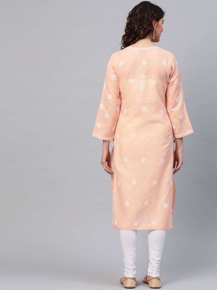ADA Women Peach-Coloured & White Chikankari Embroidered Cotton Straight Sustainable Kurta - Distacart