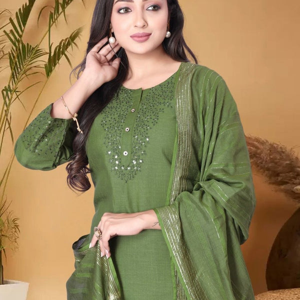 Anouk Green Ethnic Motifs Yoke Design Sequined Straight Kurta with Trouser & Dupatta - Distacart
