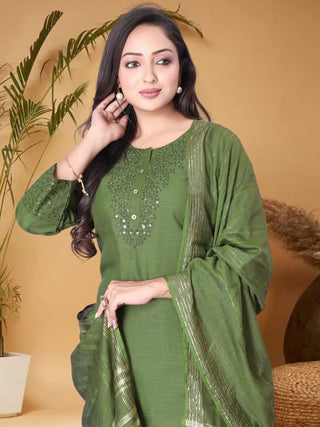 Anouk Green Ethnic Motifs Yoke Design Sequined Straight Kurta with Trouser & Dupatta - Distacart
