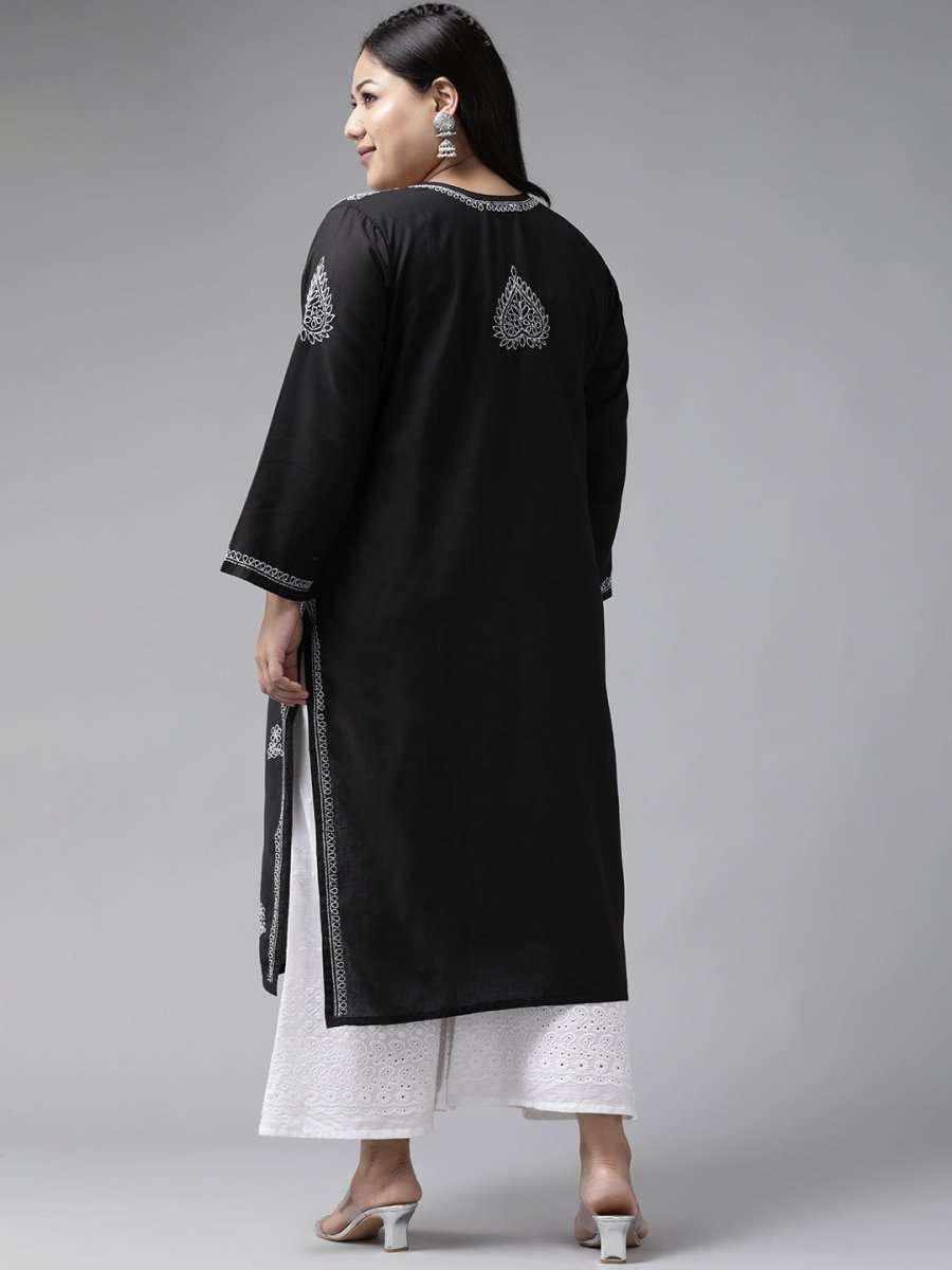 ADA Women Plus Size Black & White Chikankari Hand Embroidered Sustainable Straight Kurta - Distacart