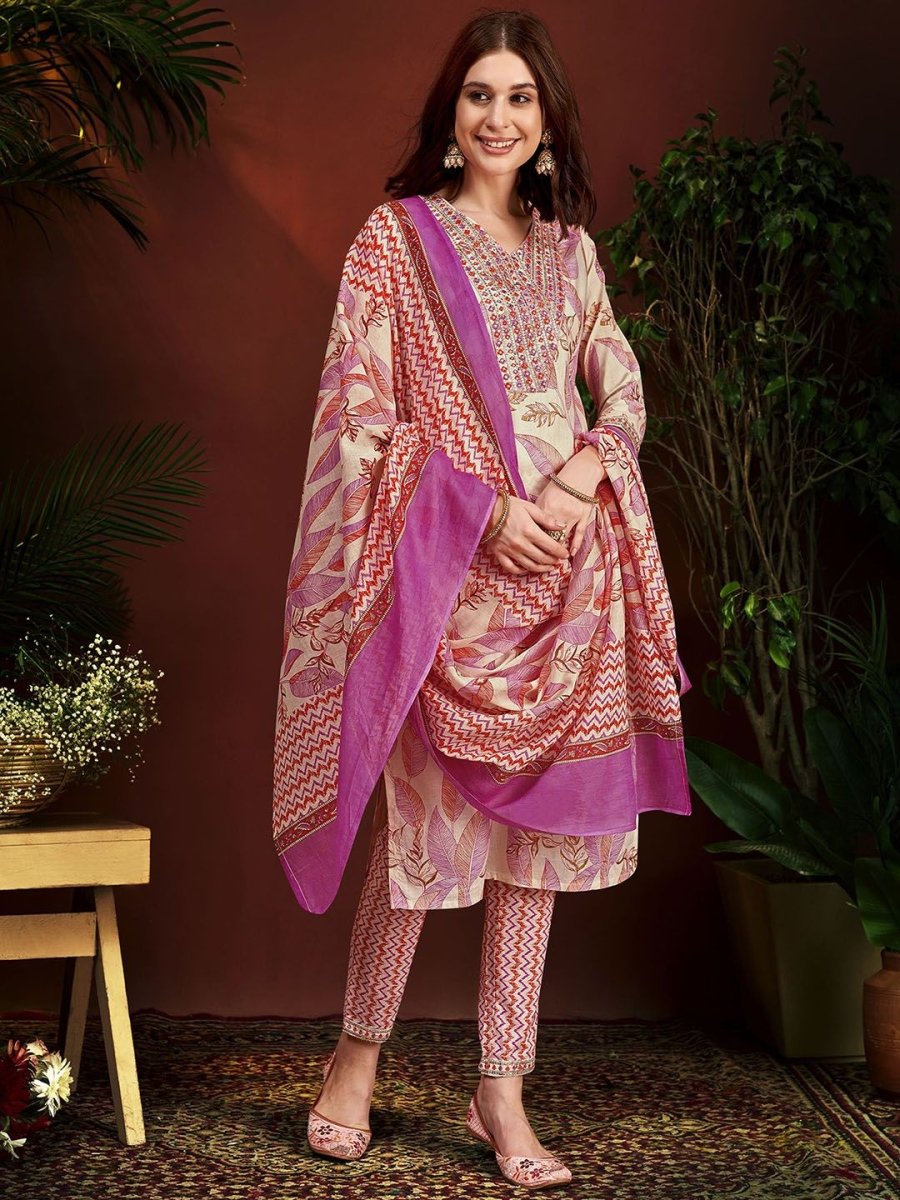 Anouk Pink Floral Embroidered Thread Work V-Neck Pure Cotton Kurta With Trousers & Dupatta