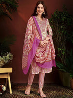 Thumbnail for Anouk Pink Floral Embroidered Thread Work V-Neck Pure Cotton Kurta With Trousers & Dupatta