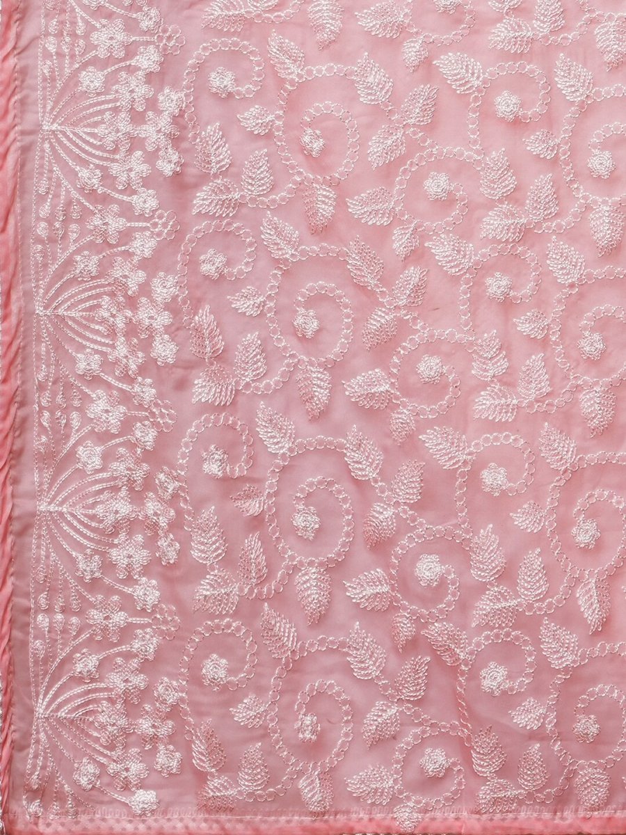 Anouk Pink & White Floral Embroidered Organza Saree - Distacart