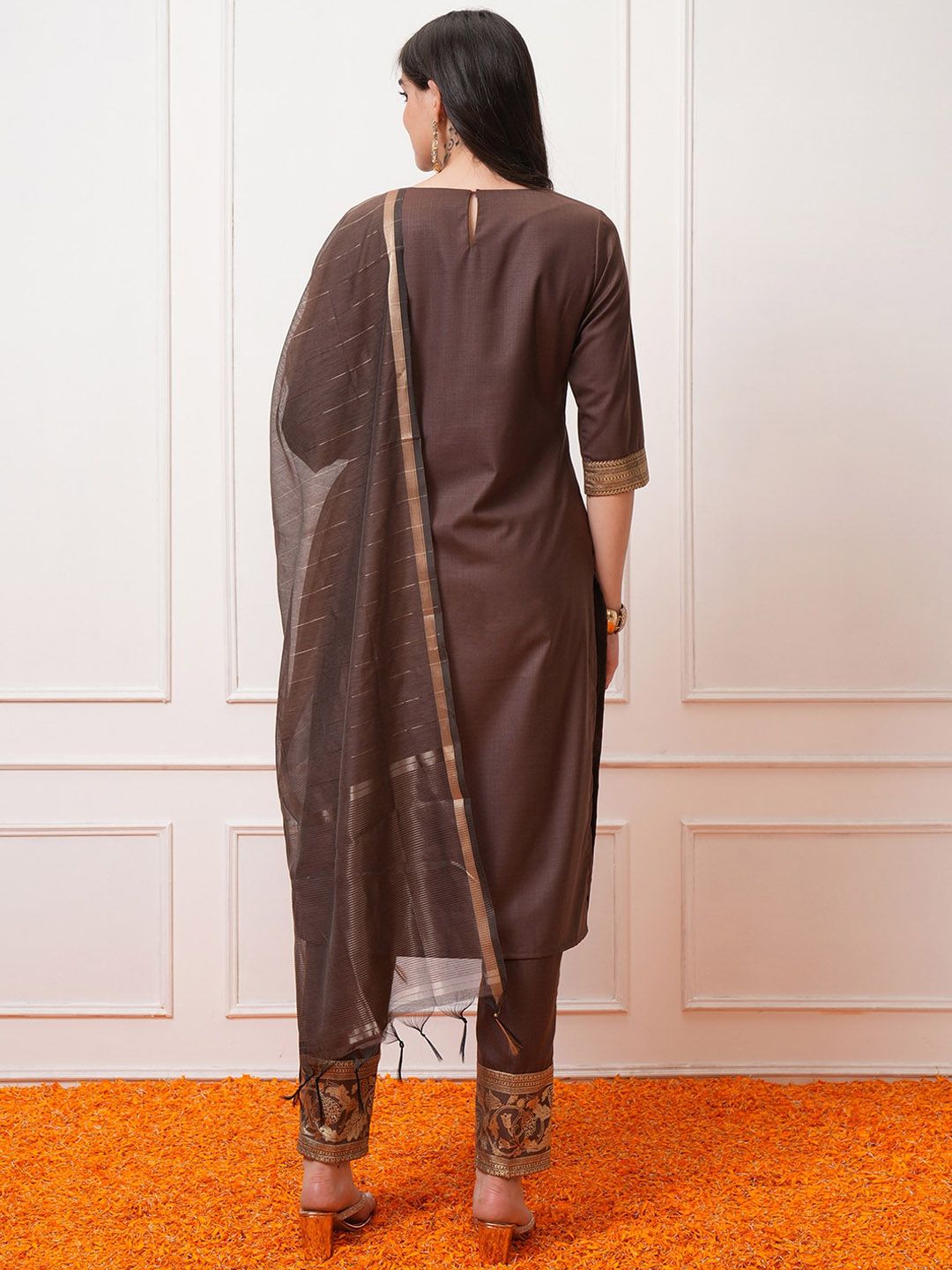 Vishudh Taupe Ethnic Motifs Printed Regular Kurta with Trouser & Dupatta