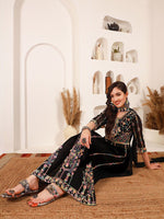 Thumbnail for Sangria Black Ethnic Motifs Embroidered Round Neck Georgette Straight Kurta With Dupatta