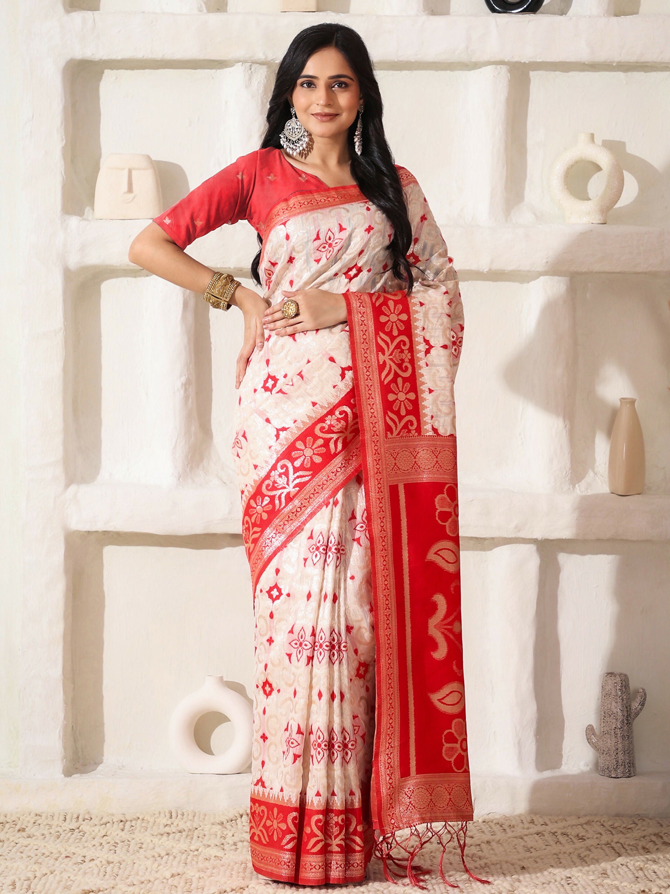 Astita Linen Cotton Red & White Saree