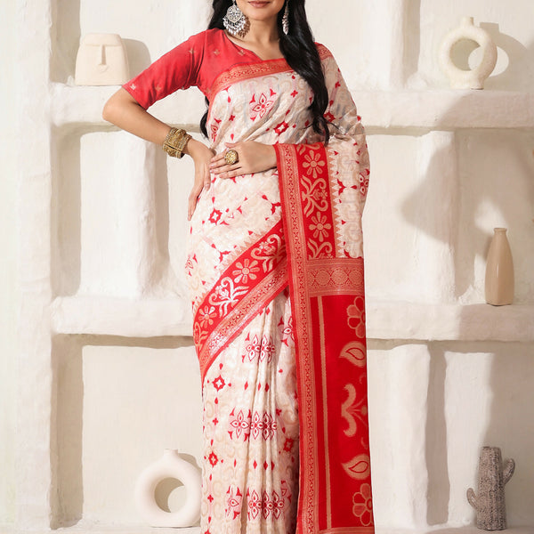 Astita Linen Cotton Red & White Saree