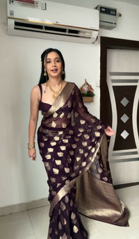 Thumbnail for Malishka litchi Silk Jacquard Ready To Wear Saree With Blouse Piece - Wine - Distacart