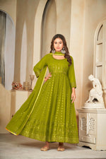 Thumbnail for Jyoti Fashion Women's Mehendi Georgette Embroidered Anarkali Kurta Pant Set With Dupatta - Distacart