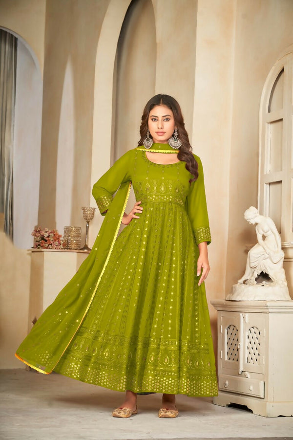 Jyoti Fashion Women's Mehendi Georgette Embroidered Anarkali Kurta Pant Set With Dupatta - Distacart