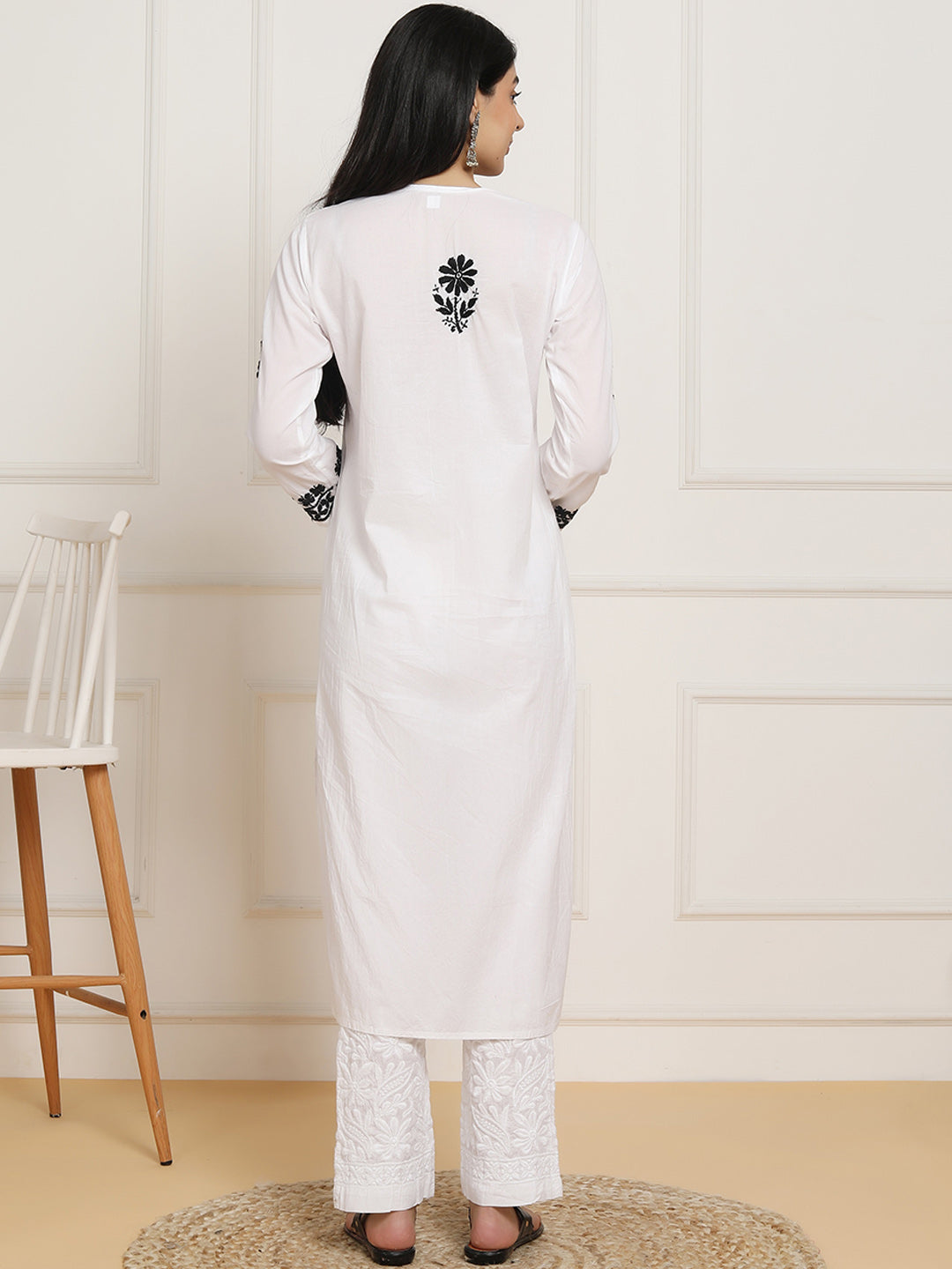 HOUSE OF KARI Women Ethnic Motifs Embroidered Regular Chikankari Pure Cotton Kurta with Trousers - Distacart