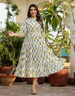 Thumbnail for Kaajh Women's White-Yellow Ethnic Floral Hand Block Print Cotton Dress - Distacart