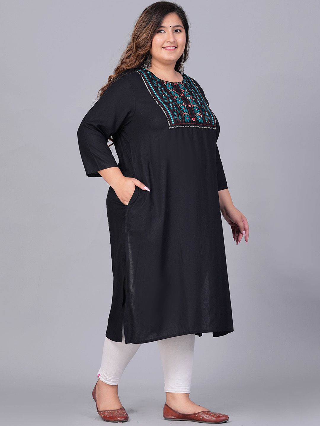 Sztori Plus Size Floral Embroidered Yoke Mirror Work Straight Kurta - Distacart