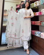 Thumbnail for The52 White Women's Gorgeous Georgette Butti Fabric Embroidered Work Straight Kurta Pant and Dupatta Set - Distacart